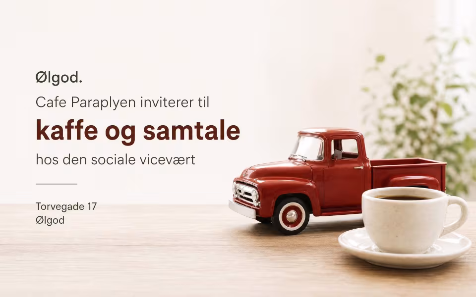 Ølgod. Cafe Paraplyen inviterer til kaffe og samtale hos den sociale vicevært - Torvegade 17 Ølgod