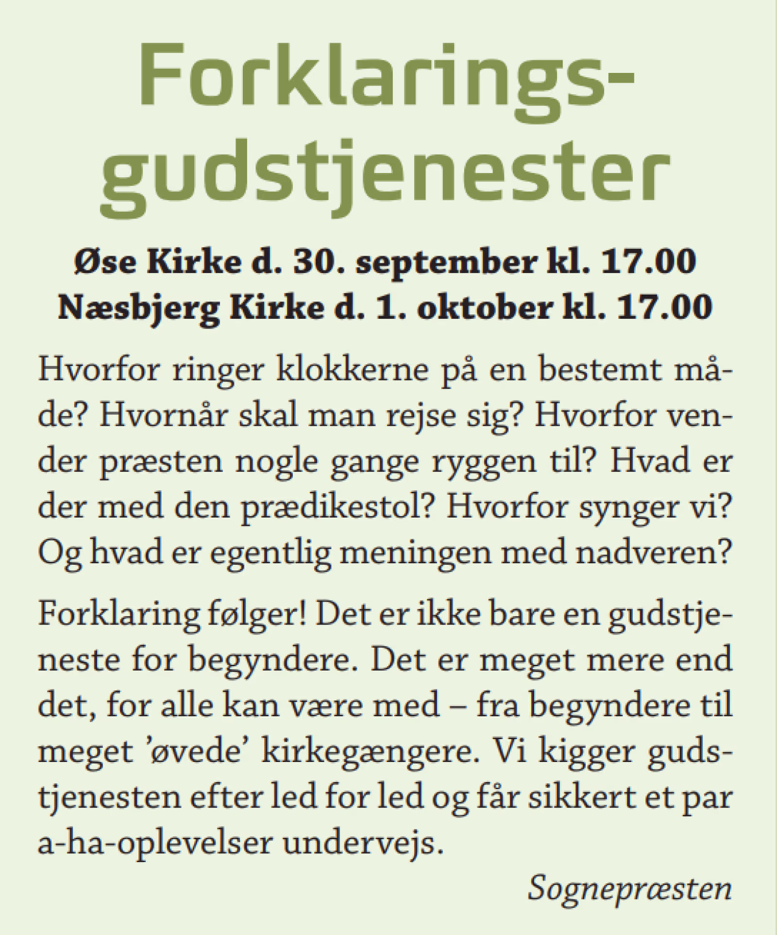 Forklaringsgudstjeneste ons 1. okt. kl 17.00