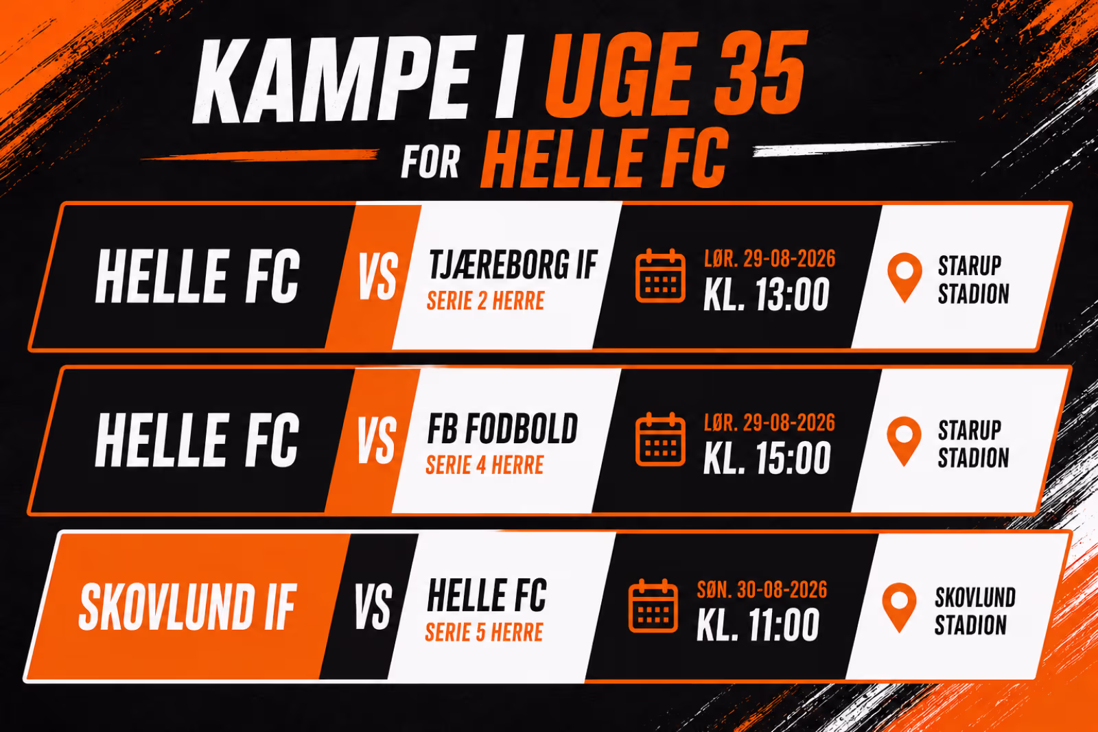 Helle FC herre spiller tre herrekampe i uge 35 i serie 2, 4 og 5 den 29.-30. august.