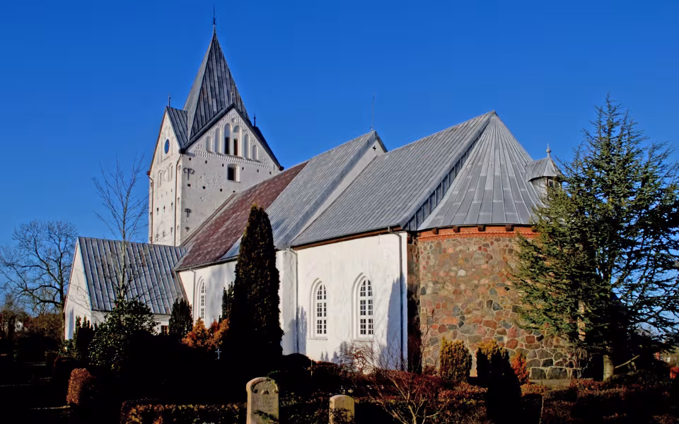 Kirketårn og metaltage ved Sdr. Bjert Kirke over gravsteder og stedsegrønne buske
