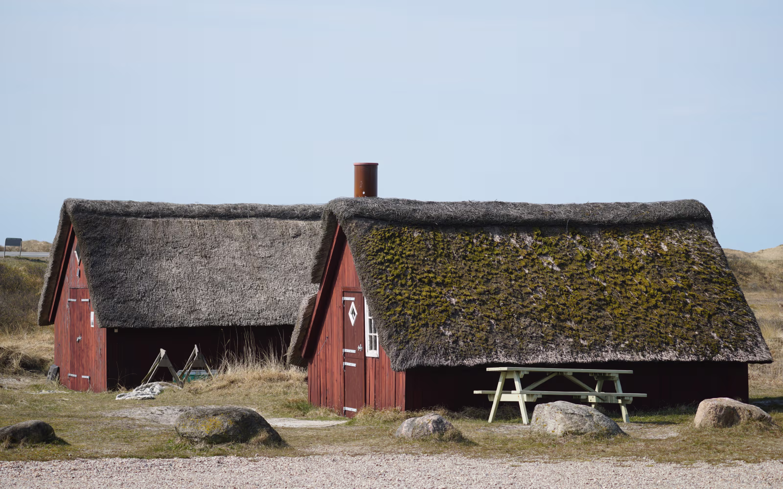 Stråtækte røde esehuse ved Nymindegab med mos på tagene og klitter bagved