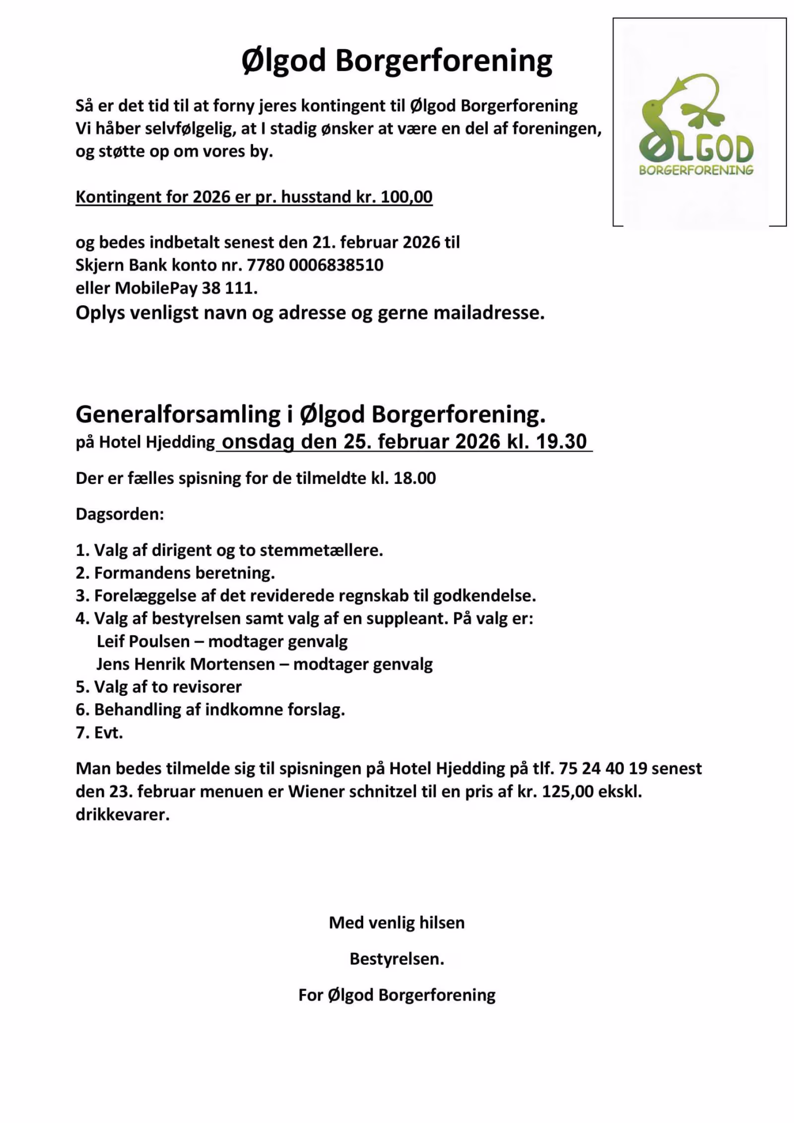 Ølgod Borgerforening - Generalforsamling og fornyels af kontingent