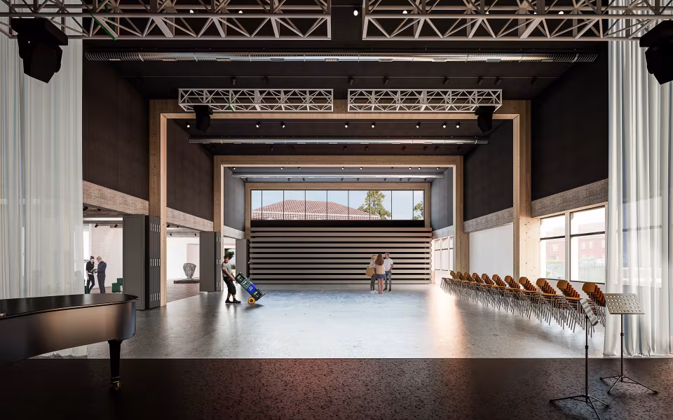 Det nye kulturhus får nye moderne faciliteter og rammer herunder en teatersal. Visualisering: Cubo Arkitekter