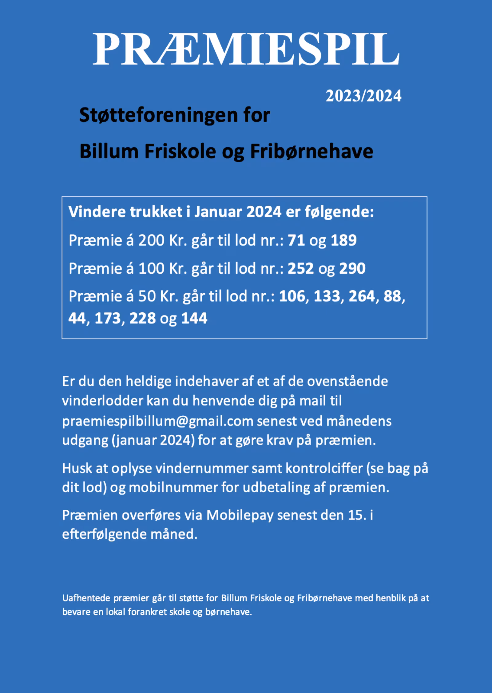 Præmiespil for Billum Friskole og Fribørnehave