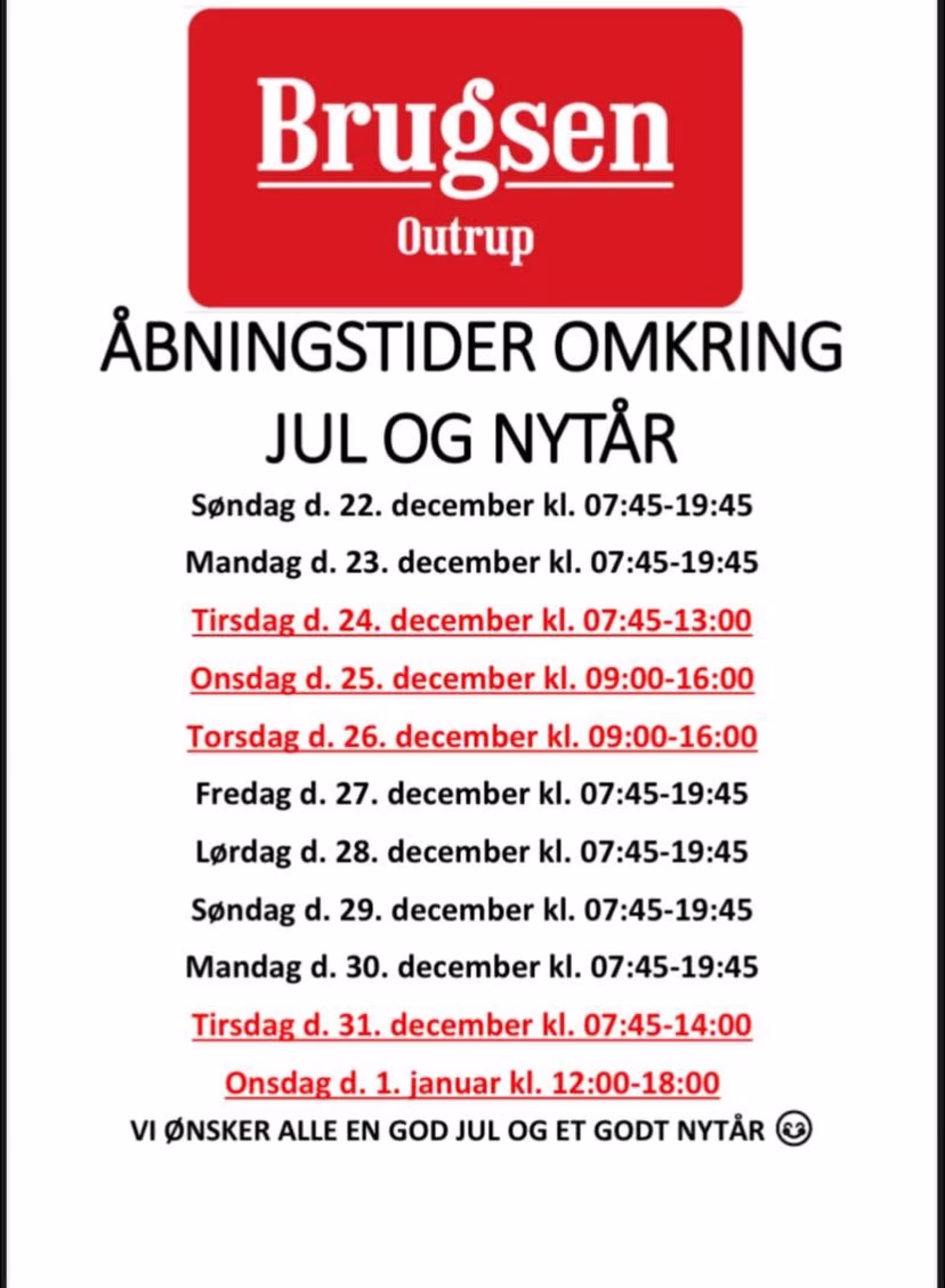 Åbningstider i julen hos Brugsen