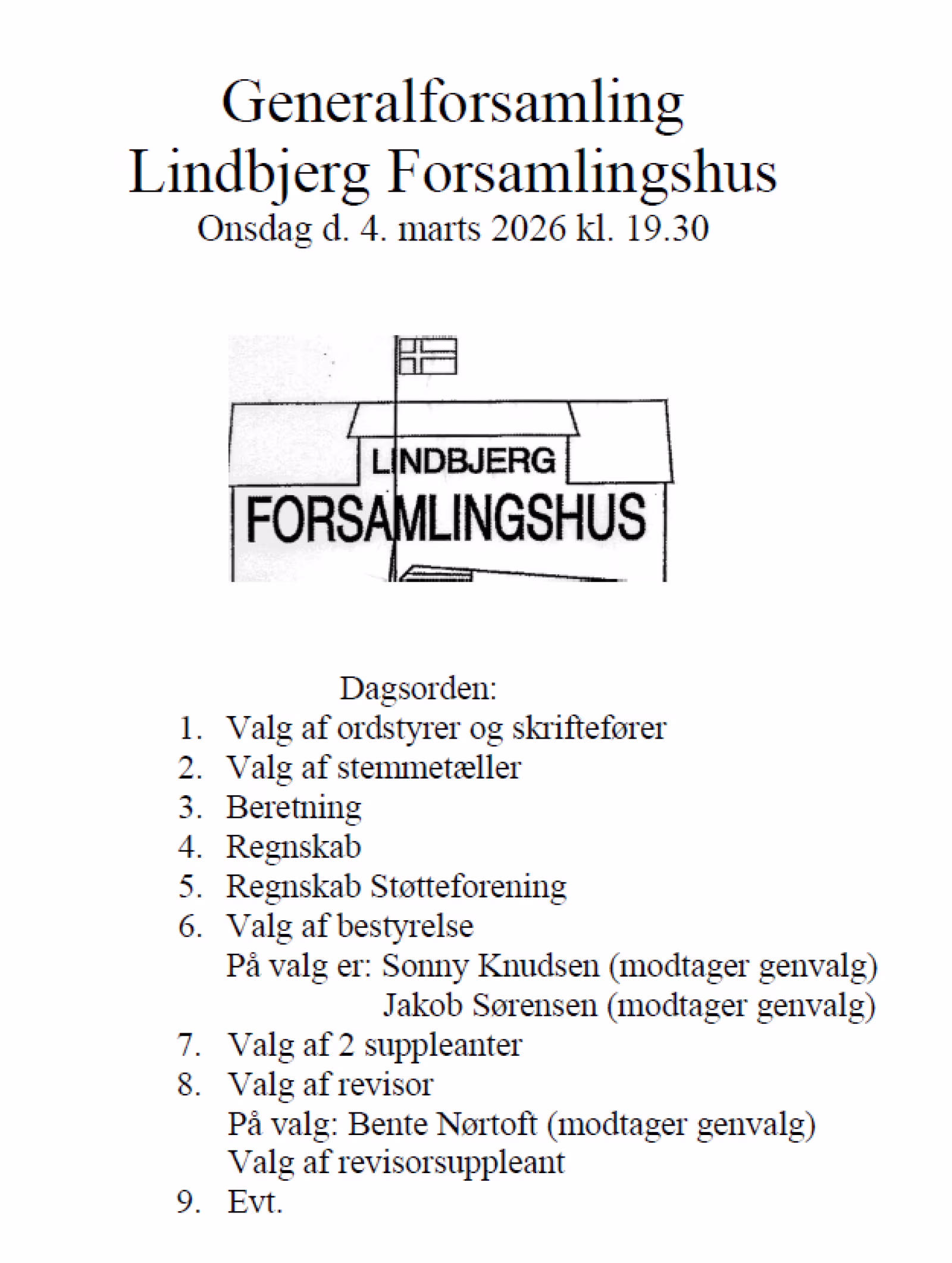 Generalforsamling  Lindbjerg Forsamlingshus