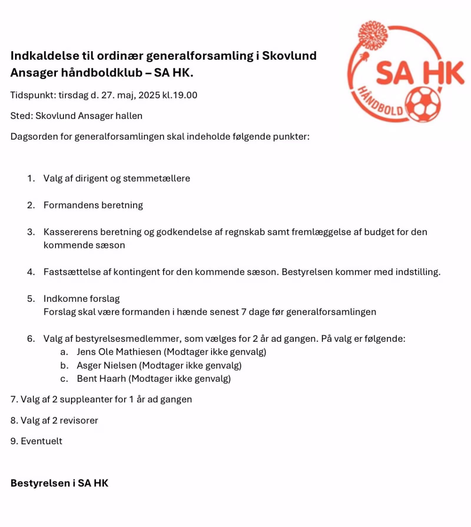 Generalforsamling i SA HK 27. maj