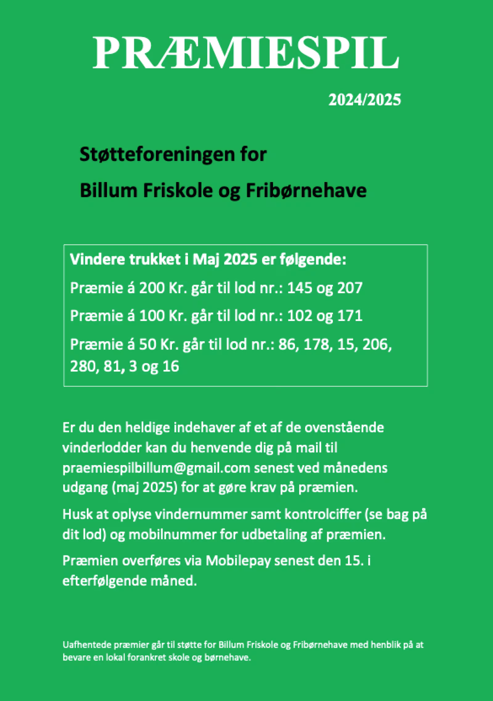Præmiespil for Billum Friskole og Fribørnehave