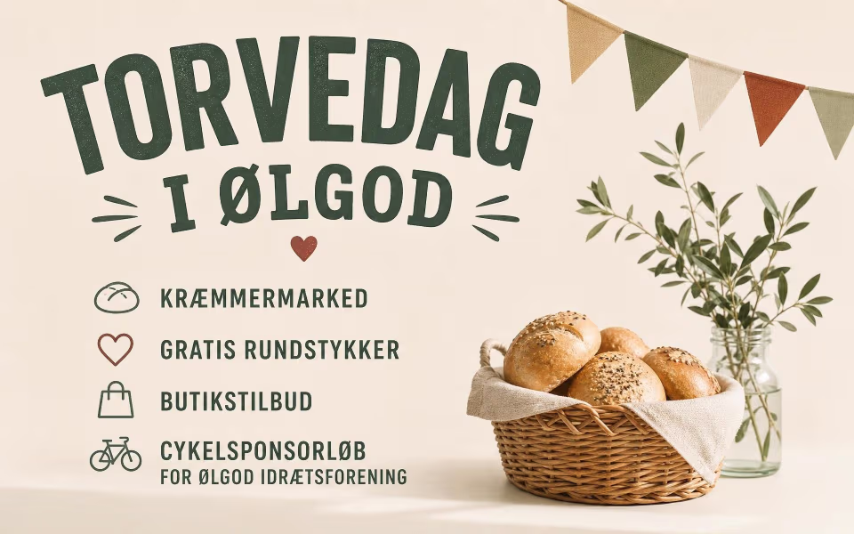 Torvedag med kræmmermarked, gratis rundstykker, butikstilbud og cykelsponsorløb for Ølgod Idrætsforening.