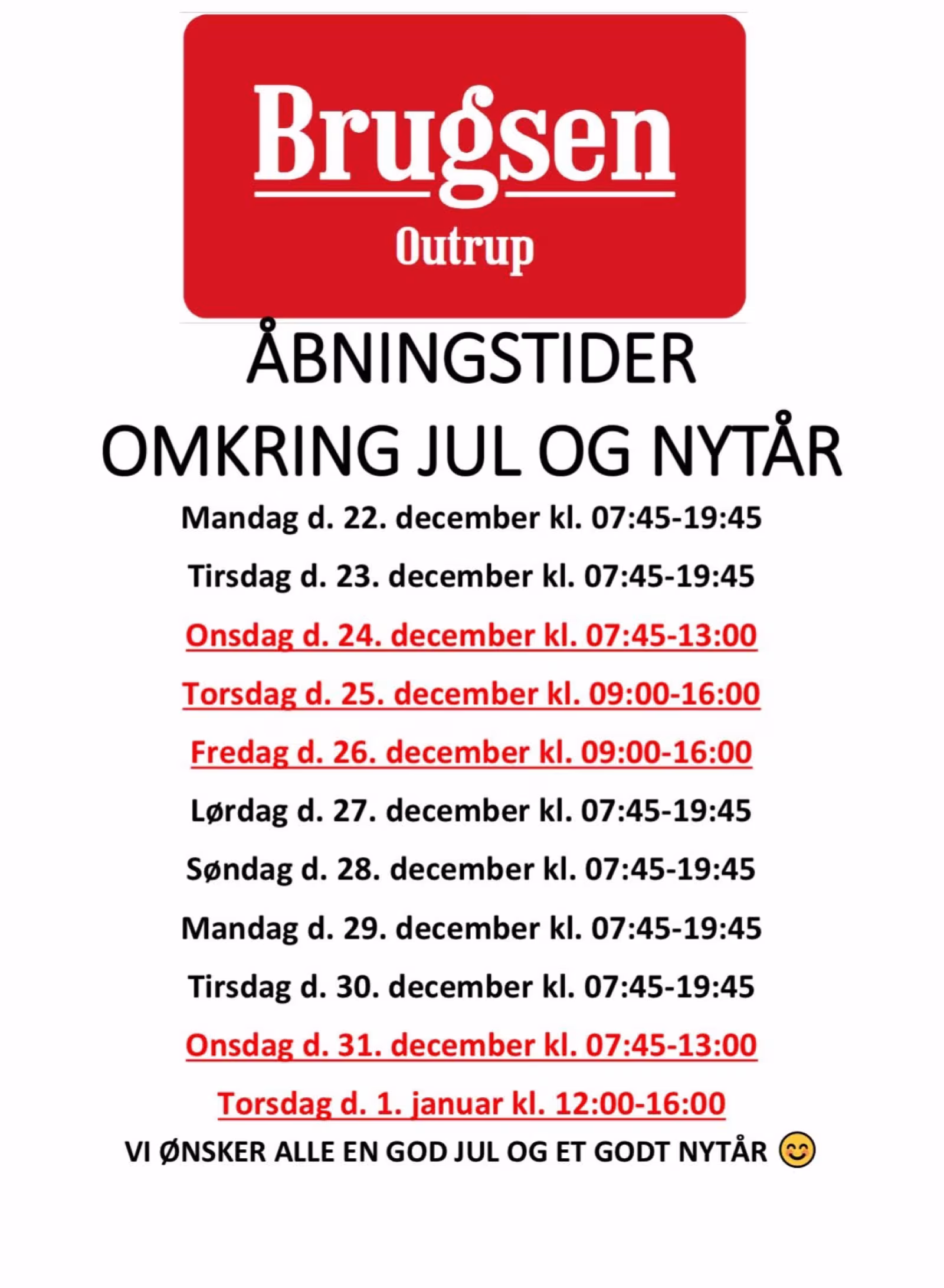 Åbningstider i jul og nytår