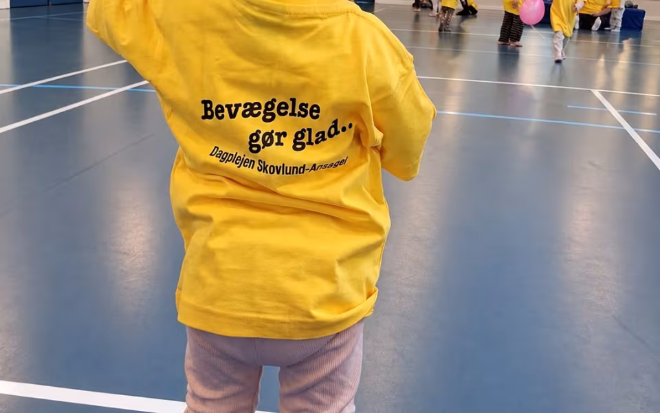 Dagplejere og børn mødes til bevægelse i Skovlund-Ansager Hallen, hvor de nye gule trøjer er i brug blandt farverige redskaber.