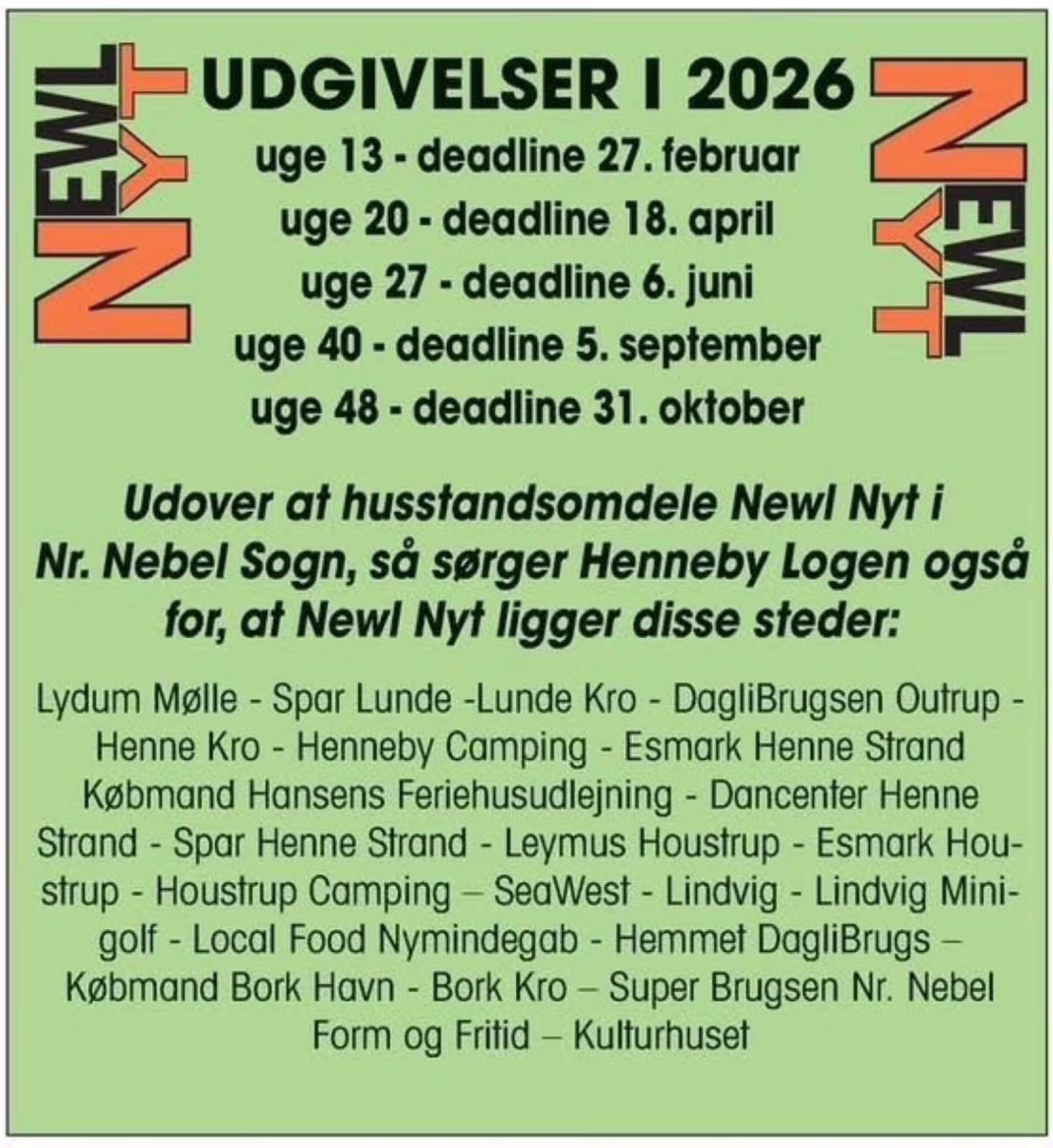 Newl Nyt udgivelser 2026 deadlines
