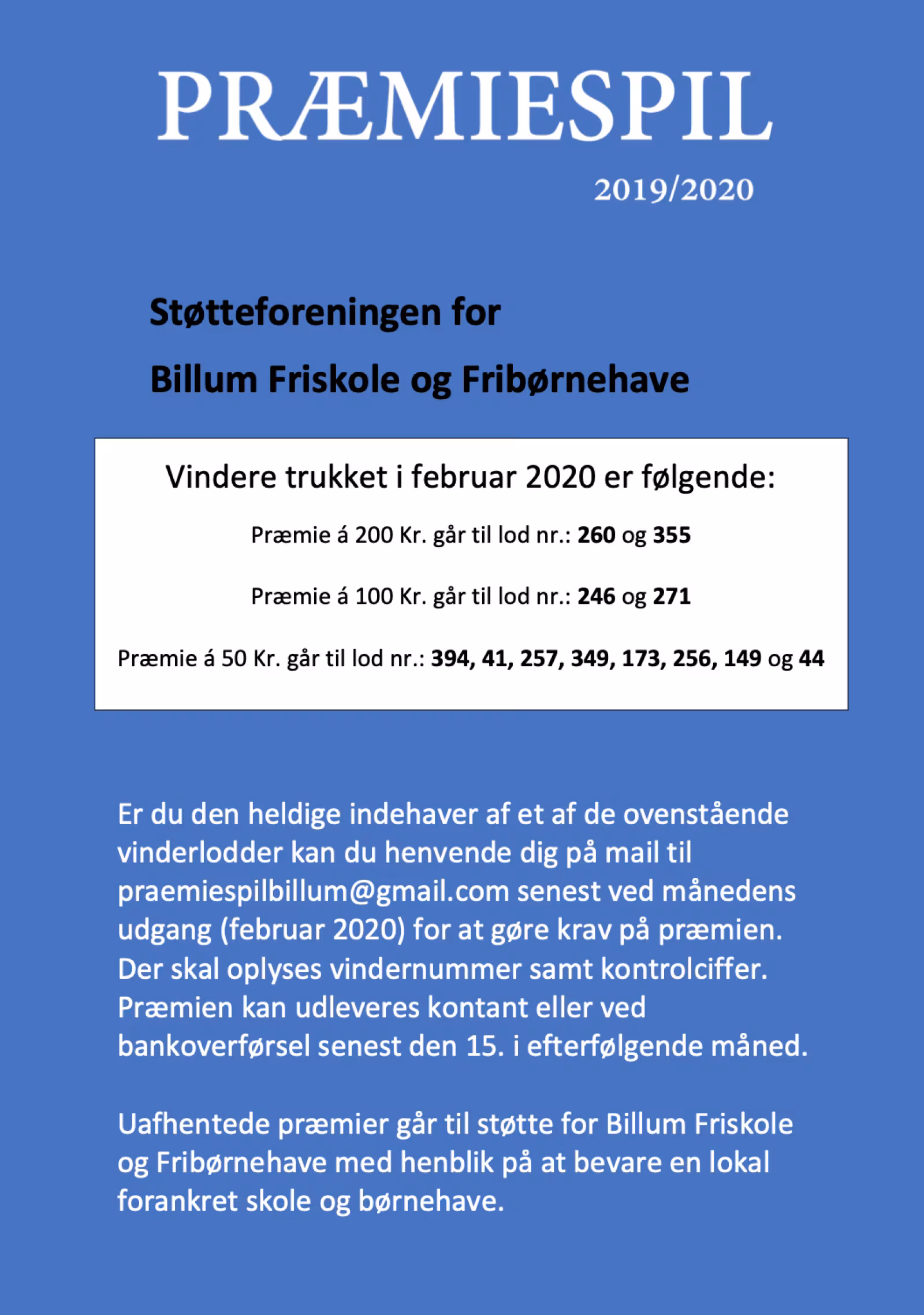 Præmiespil for Billum Friskole og Fribørnehave