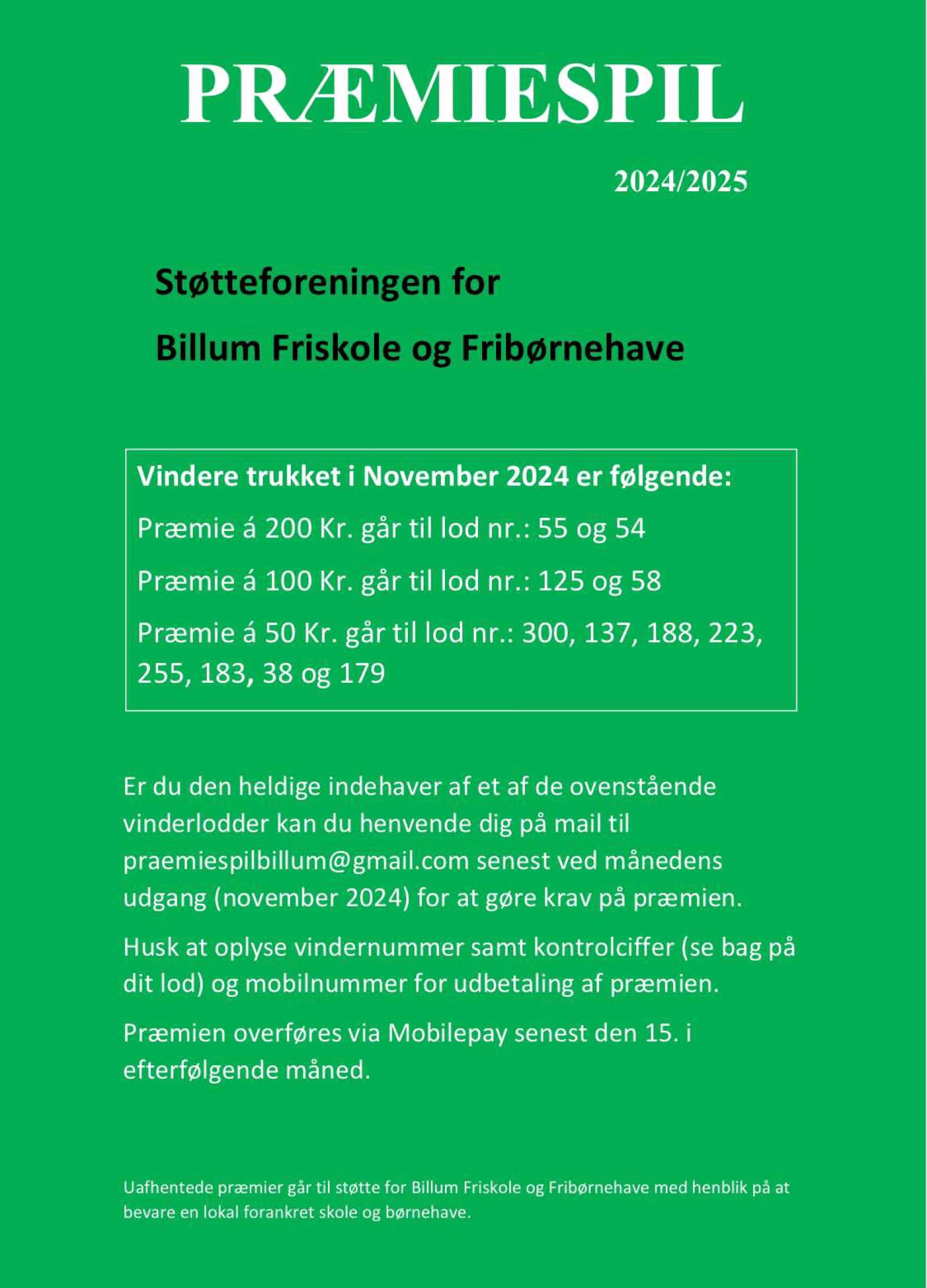 Præmiespil for Støtteforeningen for Billum Friskole og Fribørnehave
