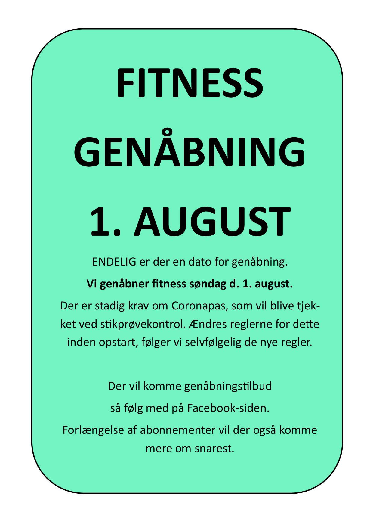 Fitness genåbner pr. 1. august