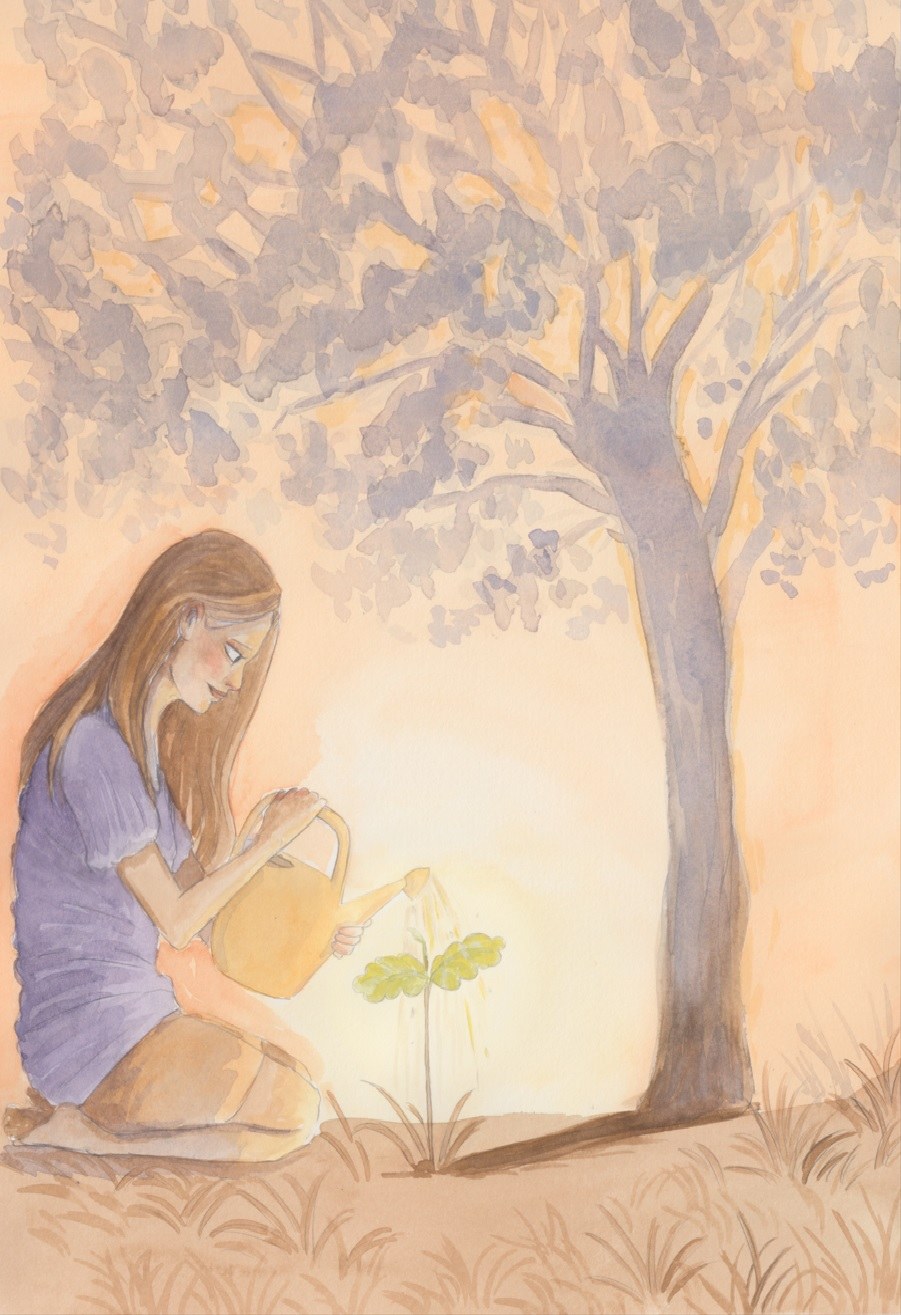 På illustrationen til årets BUSK-gudstjeneste vander en person en lille plante under et træ – motivet passer til temaet »Det, du vander, gror«.