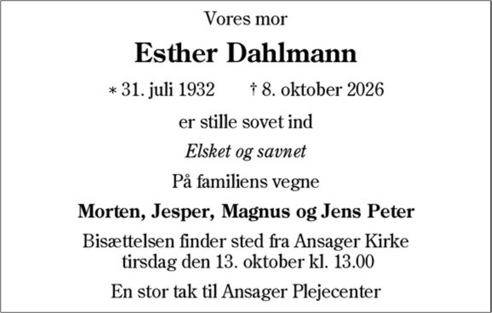 Dødsannonce: Esther Dahlmann
