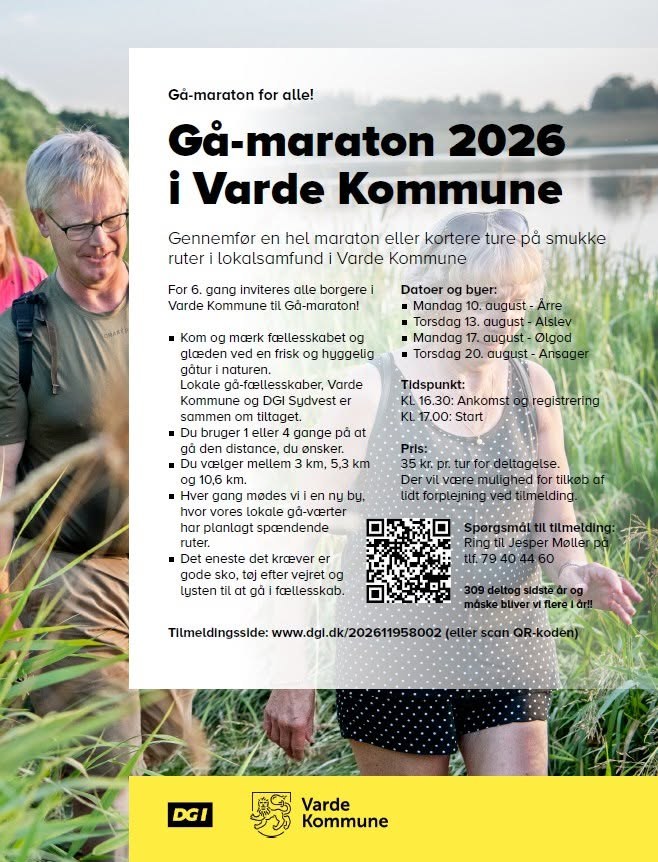 Gå-maraton 2026 i Varde Kommune inviterer til fælles vandreture med ruter i landskabet og mulighed for at gå hele eller dele af maratonen.