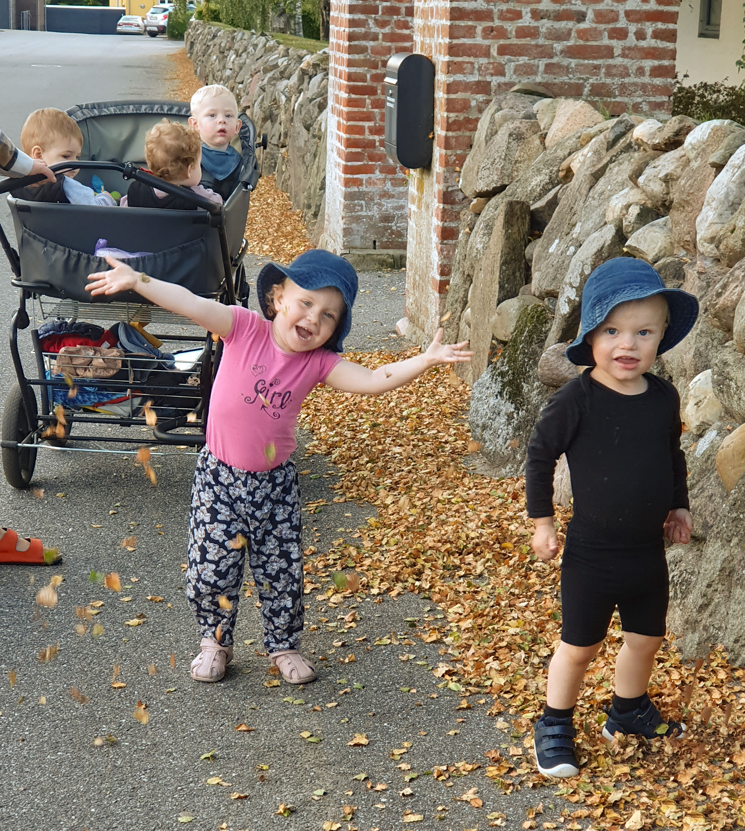 Børn fra Ansager dagpleje skaber et efterårsregn af birkeblade fra kirketræerne. Smil, latter og bare tæer dominerer i sanse-haven på denne dejlige sensommerdag