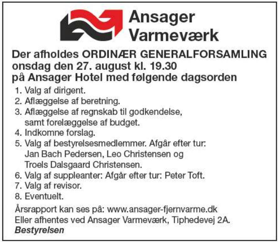 Ordinær Generalforsamling i Ansager Varmeværk