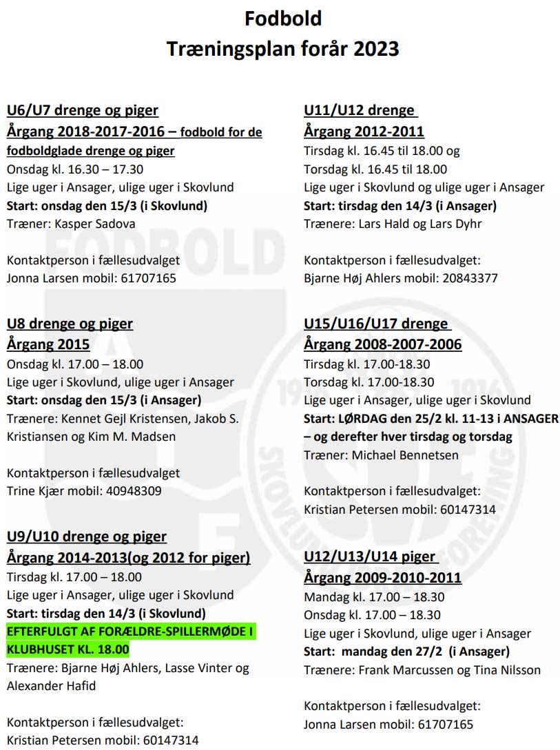 Træningsplan forår 2023