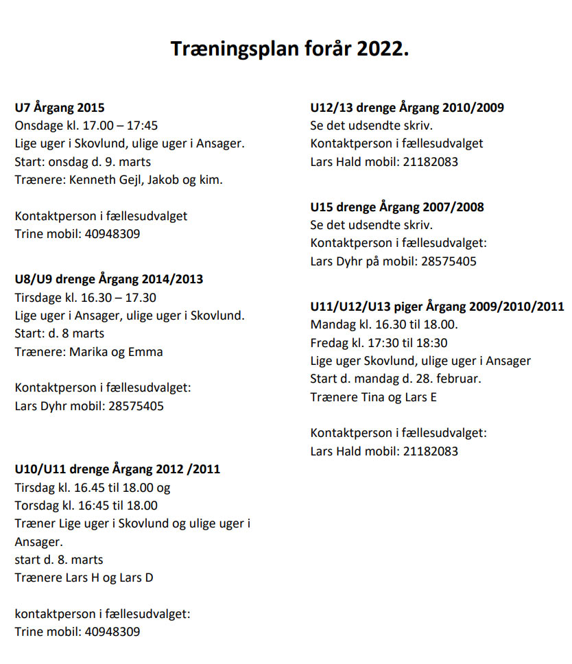Træningsplan for fællesholdene