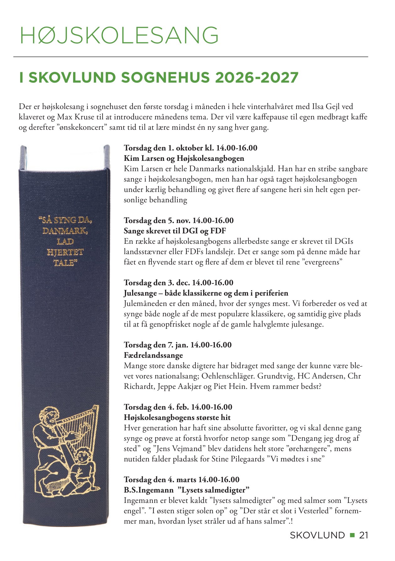 Programmet for højskolesang i Skovlund Sognehus vinteren 2026–2027. Fra Kirkenyt.