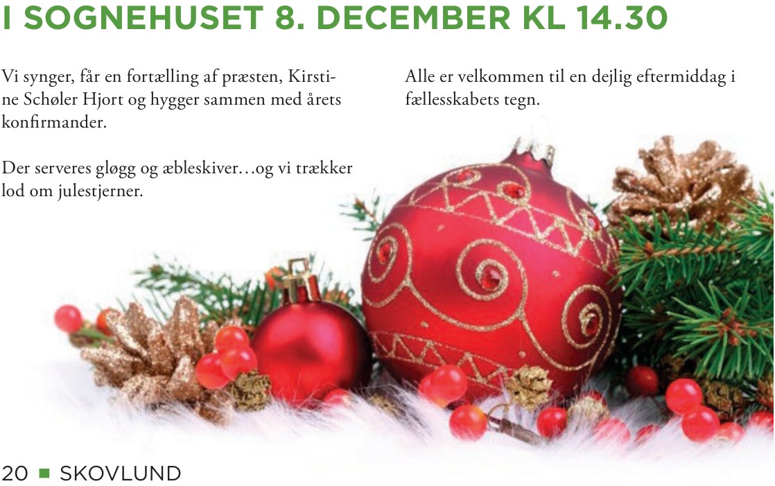 Der serveres gløgg og æbleskiver ved julehyggen i Skovlund Sognehus. Illustration fra Kirkenyt.