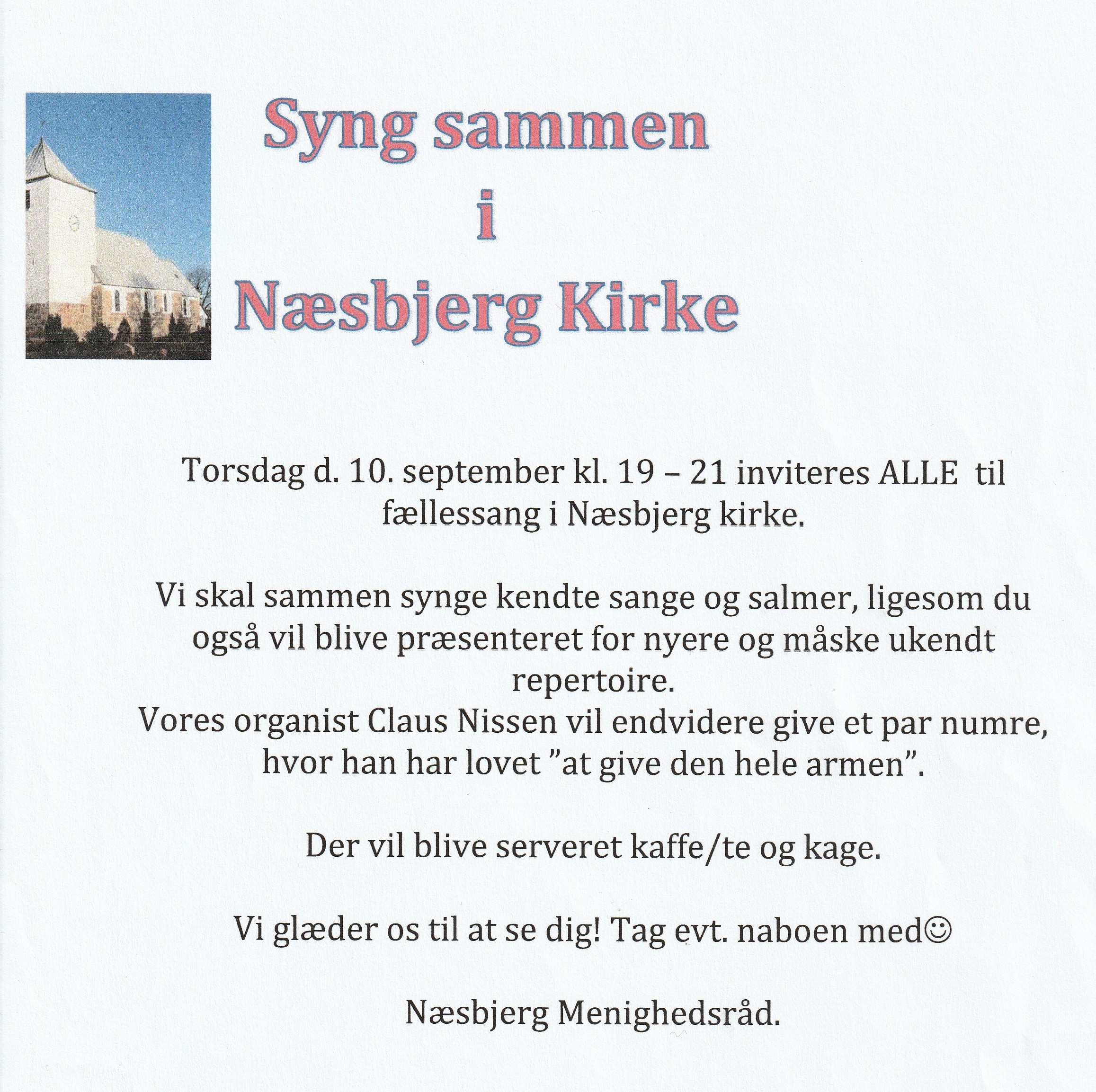 Sangaften for alle i Næsbjerg Kirke tors den 10. sept. kl 19-21
