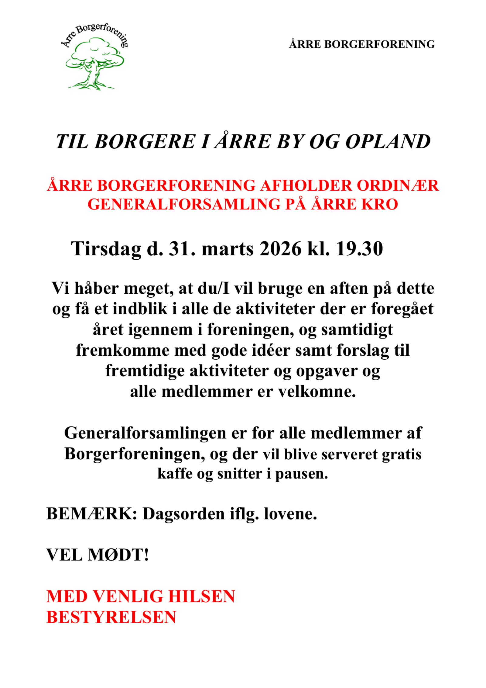 Årre Borgerforening afholder ordinær generalforsamling på Årre Kro