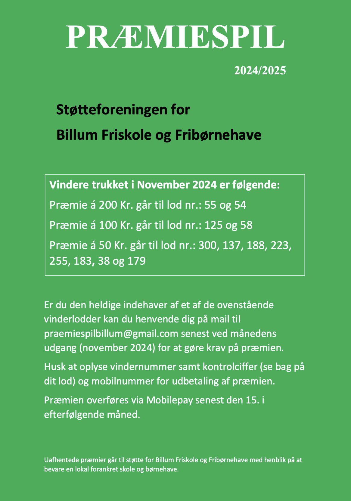 Præmiespil for Støtteforeningen for Billum Friskole og Fribørnehave