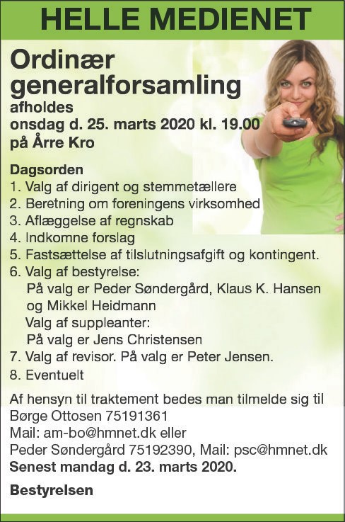AFLYST!!!! Generalforsamling i Helle Medienet