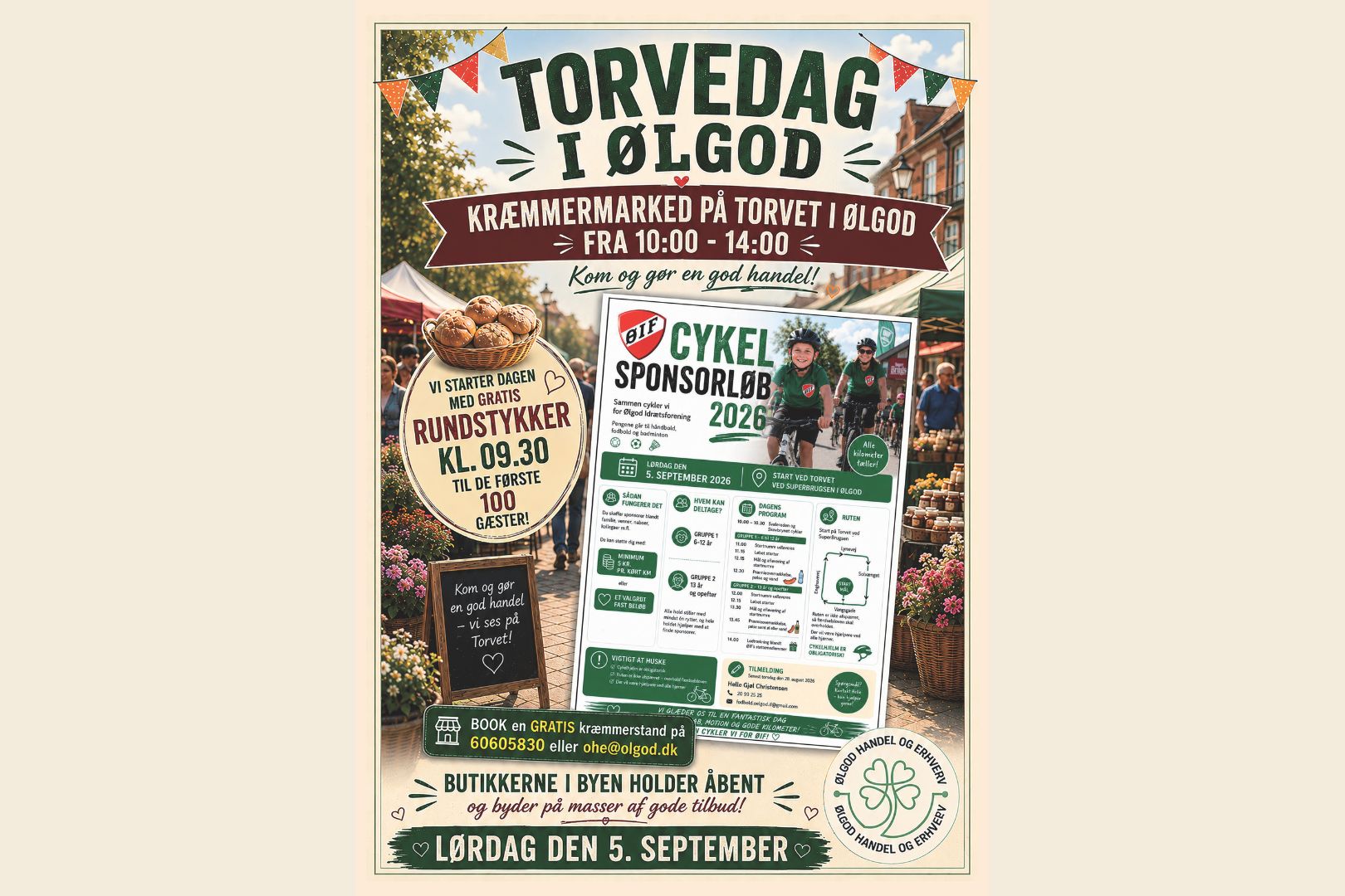 Torvedag med kræmmermarked, gratis rundstykker, butikstilbud og cykelsponsorløb for Ølgod Idrætsforening.