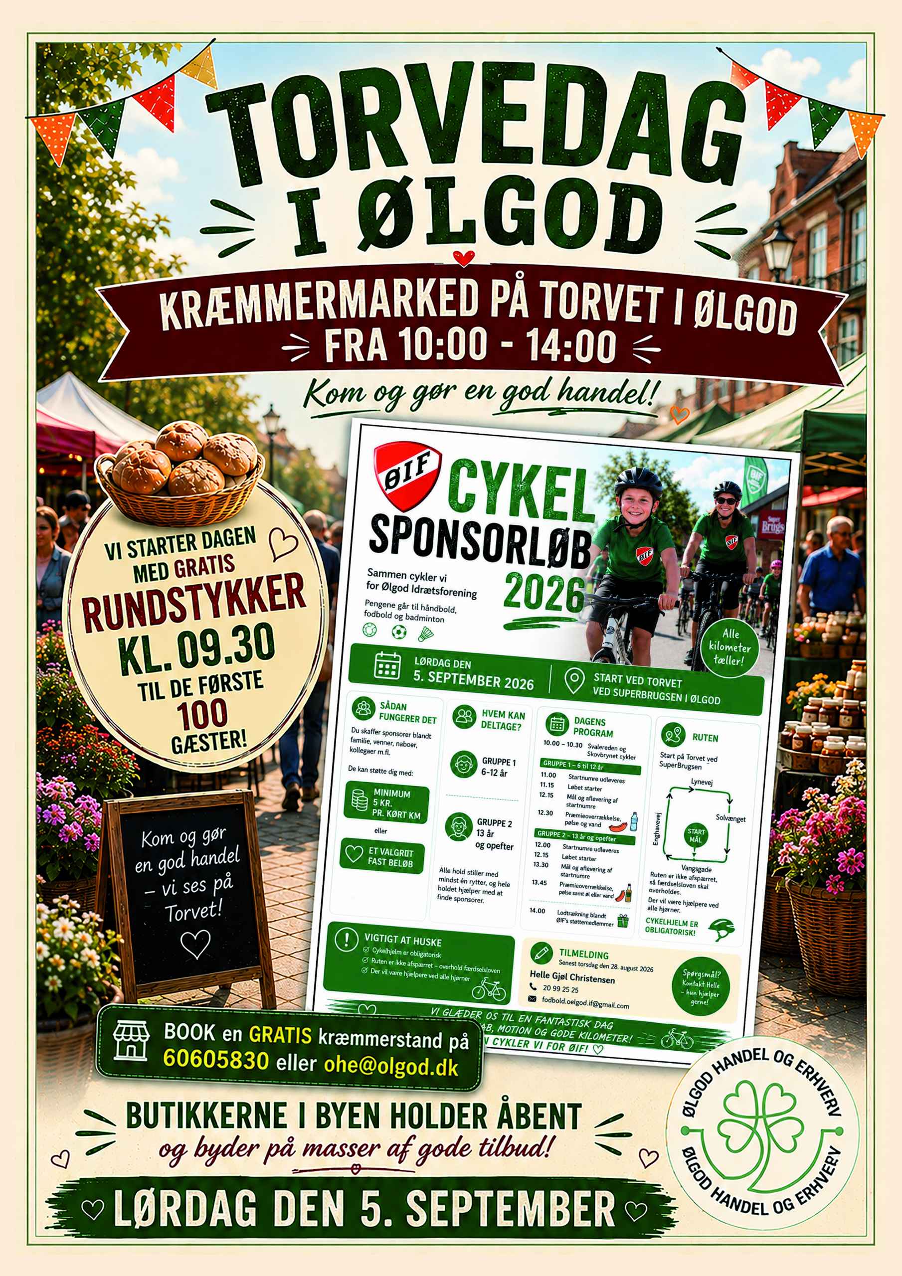Torvedag med kræmmermarked, gratis rundstykker, butikstilbud og cykelsponsorløb for Ølgod Idrætsforening.