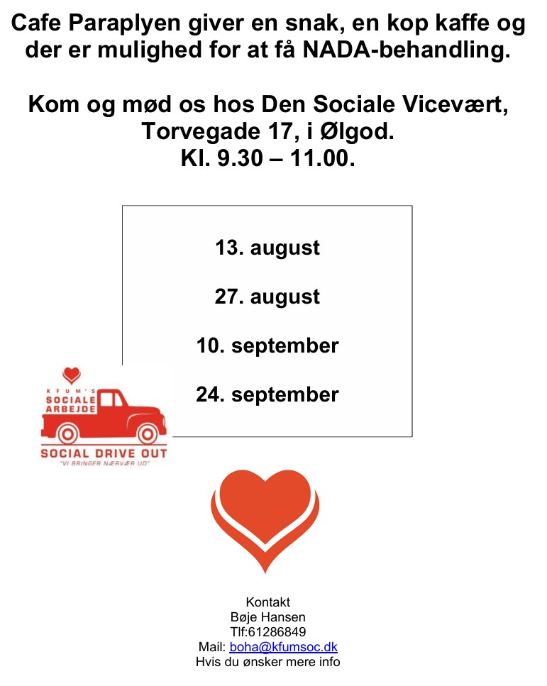 Cafe Paraplyen giver en snak, en kop kaffe og   der er mulighed for at få NADA-behandling.
