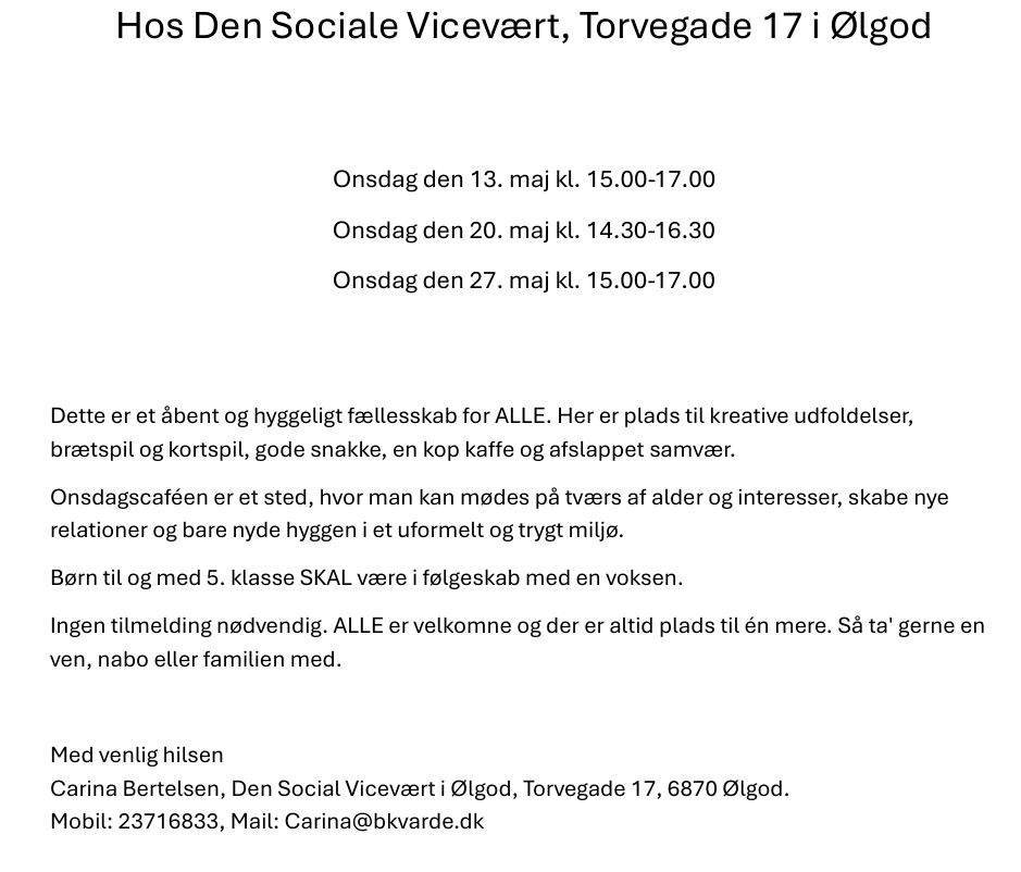 Kom til Onsdagscafé hos Den Sociale Vicevært