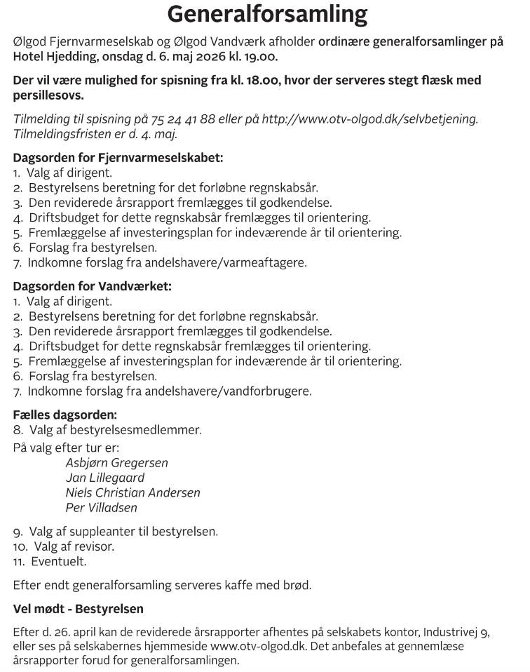 Ordinære generalforsamlinger for Ølgod Fjernvarme og Vandværk
