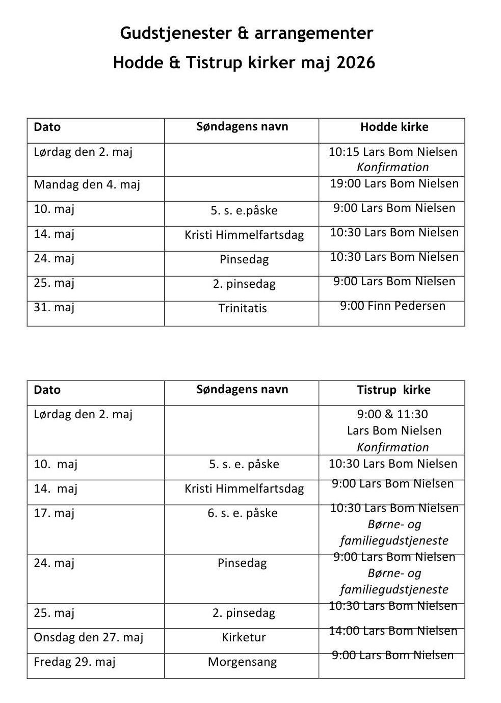 Gudstjenester &amp; arrangementer Hodde &amp; Tistrup kirker maj 2026
