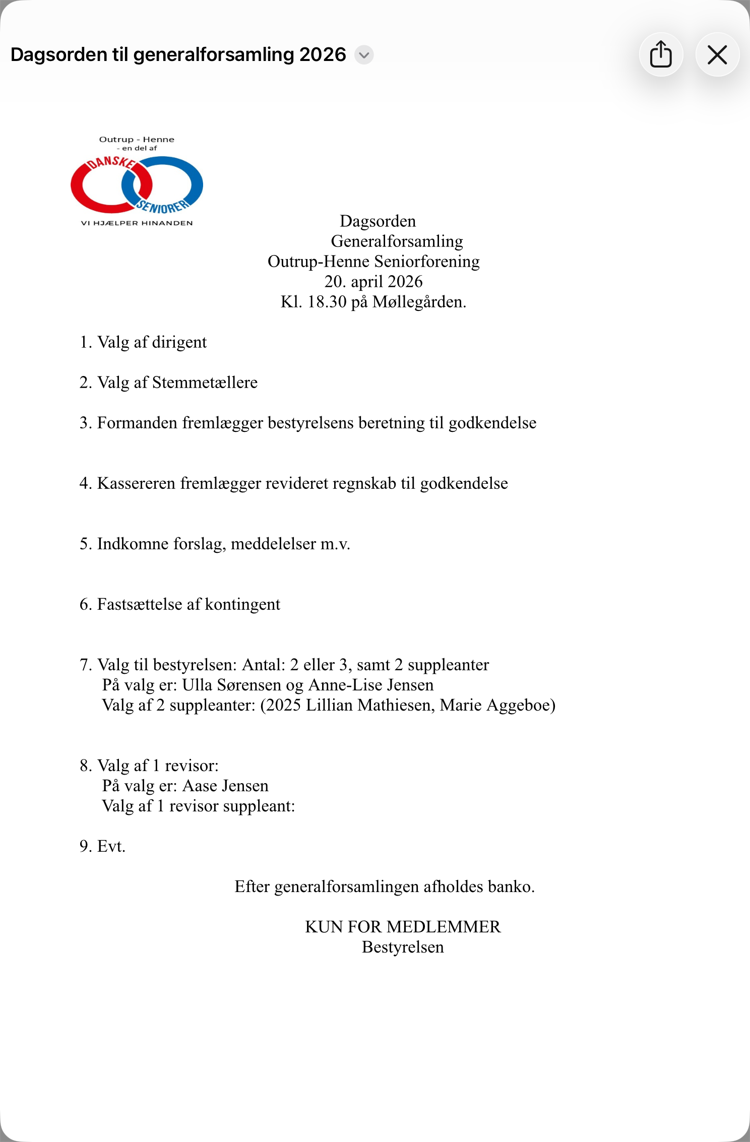 Generalforsamling Outrup-Henne Seniorforening