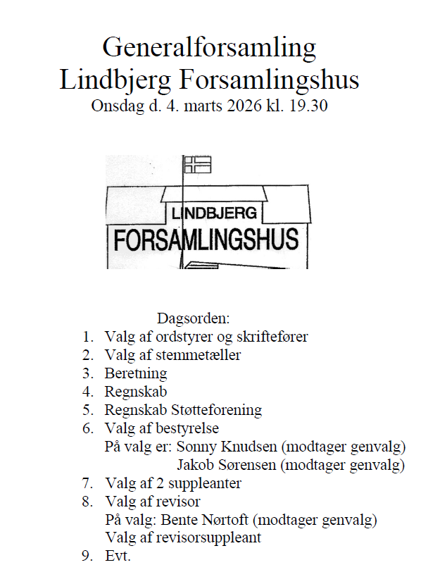 Generalforsamling  Lindbjerg Forsamlingshus