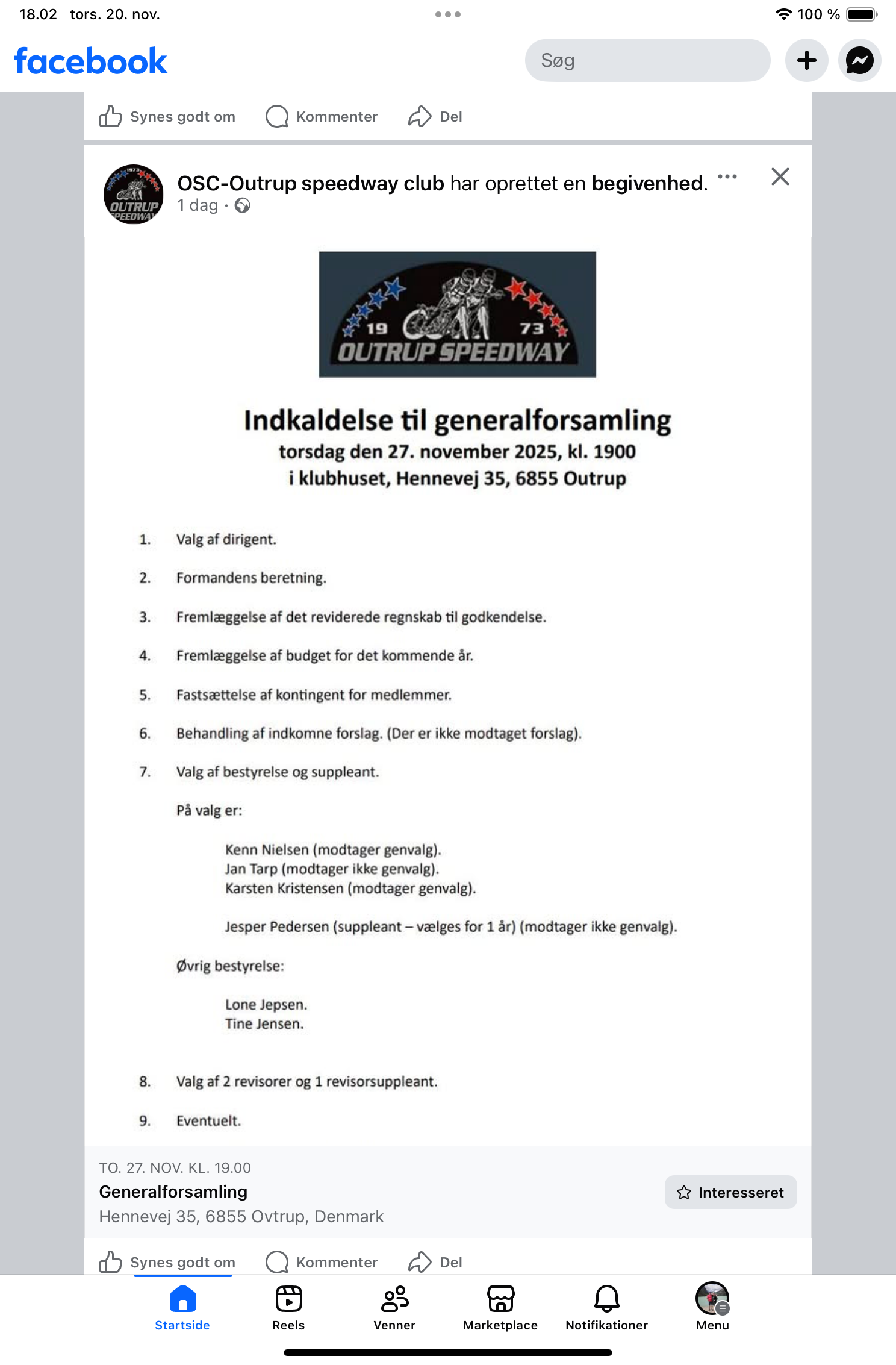 Outrup Speedway indkalder til generalforsamling