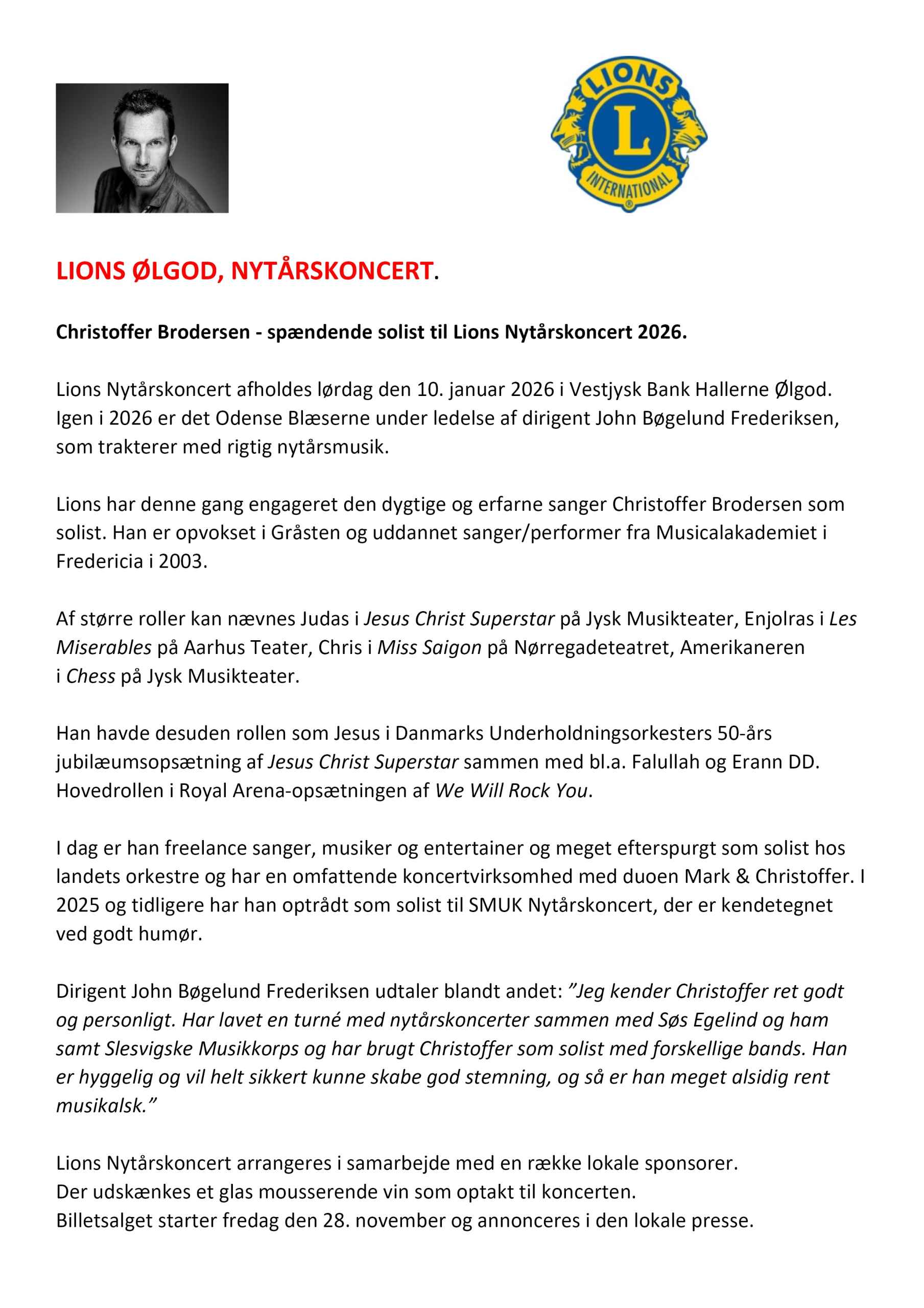 Lions Ølgod Nytårskoncert 2026 - Solist Christoffer Brodersen