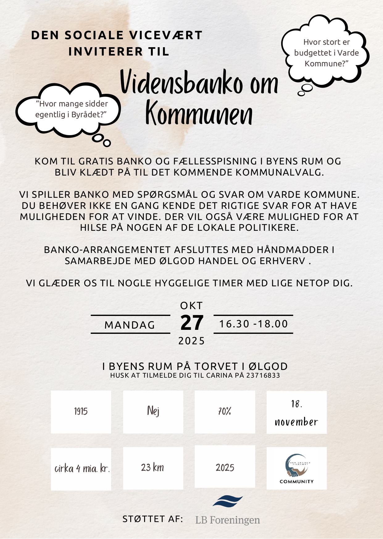 KOM TIL GRATIS BANKO OG FÆLLESSPISNING I BYENS RUM OG BLIV KLÆDT PÅ TIL DET KOMMENDE KOMMUNALVALG.