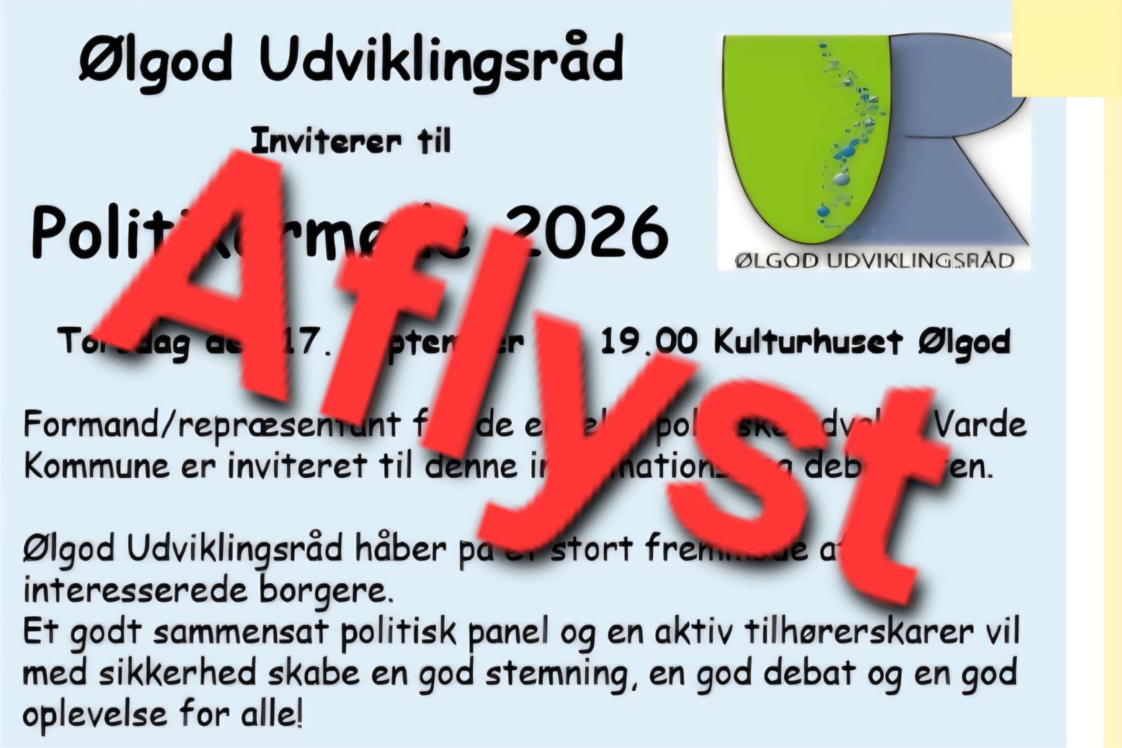 Ølgod Udviklingsråd - Politikermøde 17. september aflyst